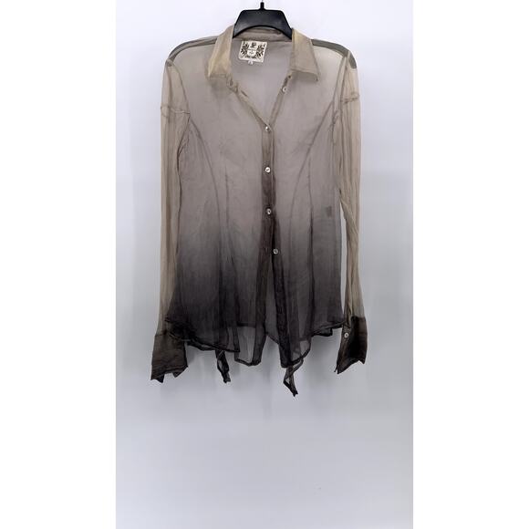 NIGEL PRESTON & KNIGHT Women’s Tan-Black Button-Up Long Sleeve Sheer Top SZ L - Picture 1 of 10